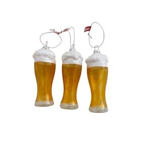 Set of 3 Glass Beer Pilsner Christmas Ornaments 6"‎ Hand Painted Foam Top Pub